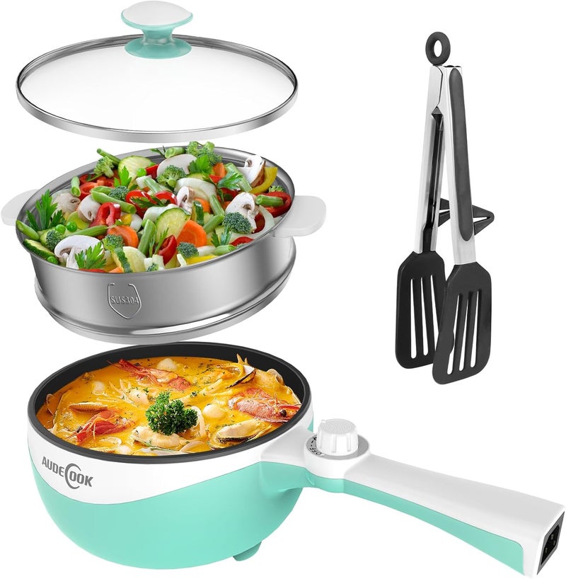Audecook Hot Pot Electric,Mini Electric Skillet Portable Nonstick Sauté Pan with Power Adjustment, Rapid Ramen Cooker Travel Multicooker Electric Pot for Steak/Soup (H(Green/1.7L with Steamer)) - Image 1