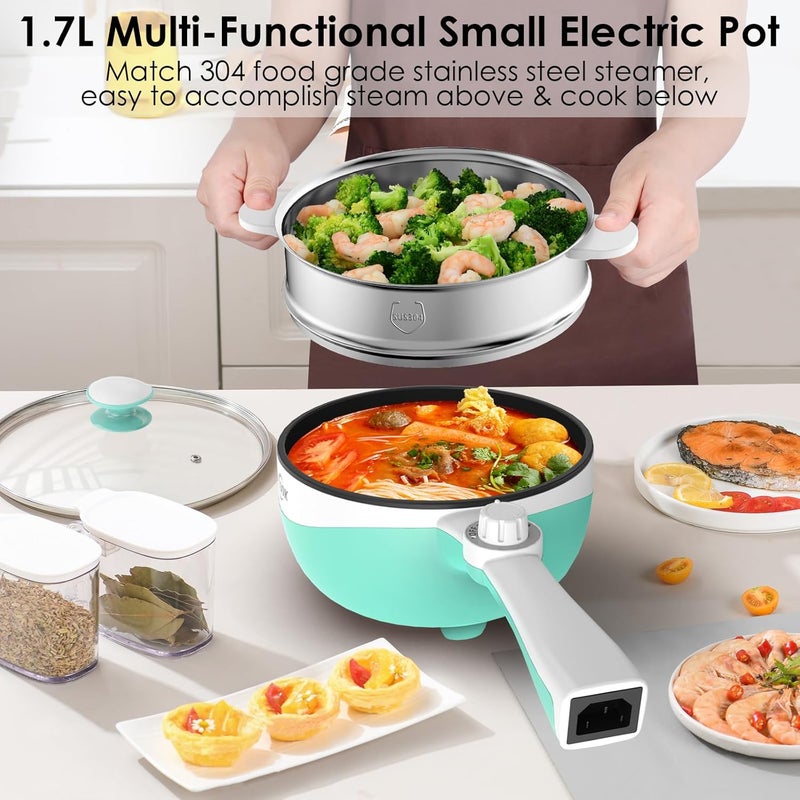 Audecook Hot Pot Electric,Mini Electric Skillet Portable Nonstick Sauté Pan with Power Adjustment, Rapid Ramen Cooker Travel Multicooker Electric Pot for Steak/Soup (H(Green/1.7L with Steamer)) - Image 4