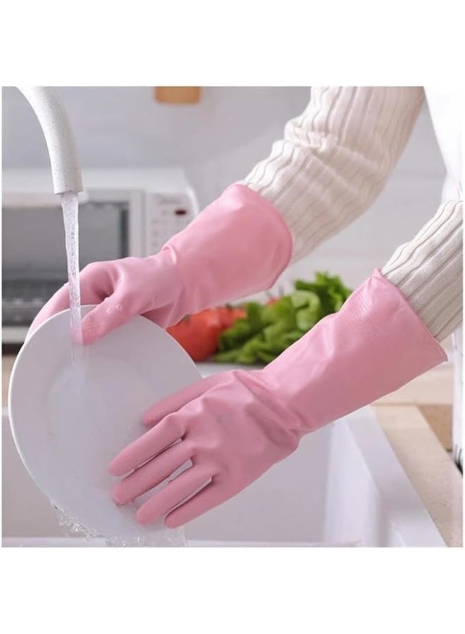 Household Rubber Dishwashing Gloves, Pink, Long-Sleeve Kitchen Cleaning Gloves - Image 1