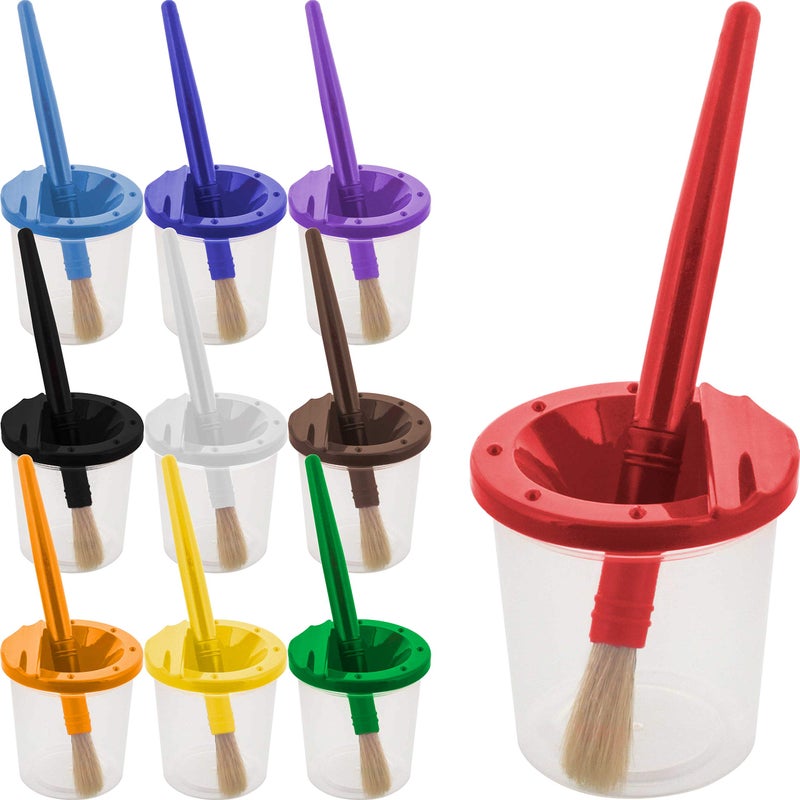 US Art Supply 10 Piece Childrens No Spill Paint Cups with Colored Lids and 10 Piece Large Round Brush Set with Plastic Handles