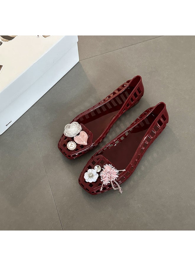 Versatile Casual Hollow Sequin Flower Square-toe Sandals Summer Fashion Jelly Shoes Clogs Flat Shallow Mouth Single Shoes