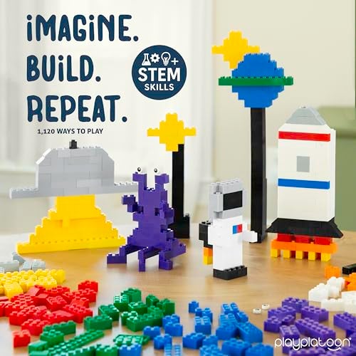 Play Platoon 1100 Pieces Building Bricks Set - 10 Classic Color Blocks - Bulk Building Blocks Compatible with Major Brands - 14 Different Shape Bricks - Includes Wheels, Tires, Axles, Windows & Door - Image 4