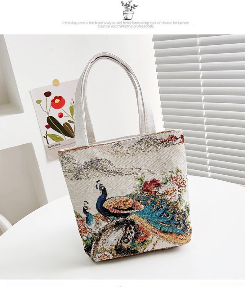 Ethnic Tote Bag Dual-Sided Embroidery Canvas Womens Handbag Peacock 