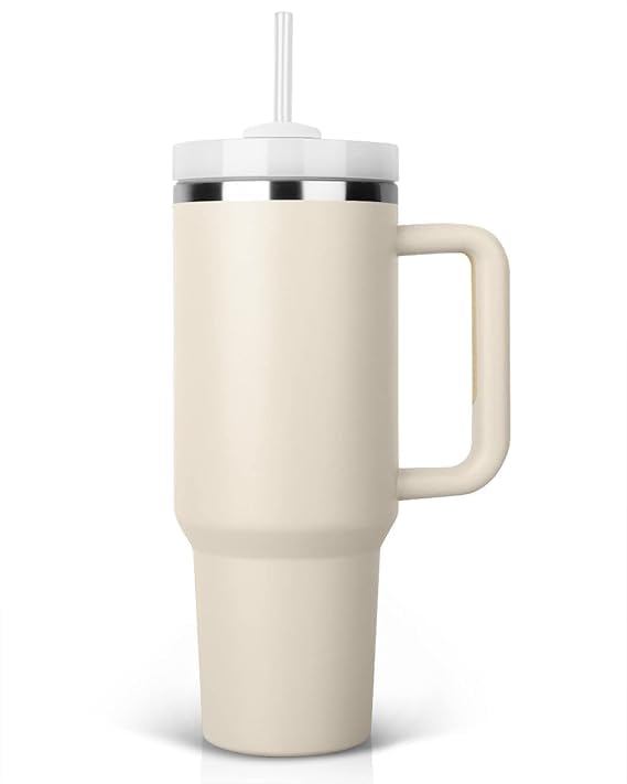 Niyati Ventures Tumbler with Handle and Straw Lid 1200ml Reuseable Stainless Steel Double Insulated Travel Tumblers Mug for Hot and Cold Beverages (offwhite)  - Image 1