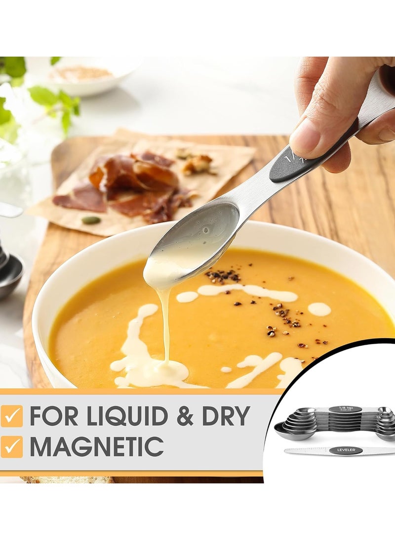 موندا مجموعة ملاعق قياس مغناطيسية مع أداة تسوية، ملاعق قياس صغيرة قابلة للتكديس من الفولاذ المقاوم للصدأ ذات وجهين، ملاعق توابل للمطبخ، برطمانات توابل لقياس المكونات الجافة والسائلة، مناسبة للخبز والطبخ، مجموعة سوداء من 8 قطع. - Image 4
