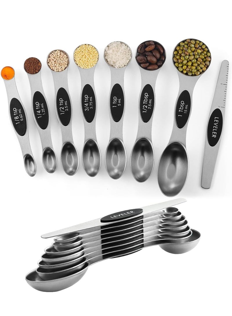 موندا مجموعة ملاعق قياس مغناطيسية مع أداة تسوية، ملاعق قياس صغيرة قابلة للتكديس من الفولاذ المقاوم للصدأ ذات وجهين، ملاعق توابل للمطبخ، برطمانات توابل لقياس المكونات الجافة والسائلة، مناسبة للخبز والطبخ، مجموعة سوداء من 8 قطع. - Image 1