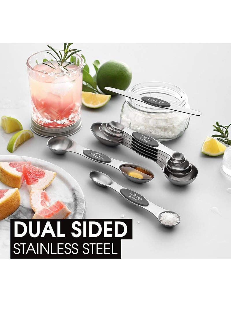 موندا مجموعة ملاعق قياس مغناطيسية مع أداة تسوية، ملاعق قياس صغيرة قابلة للتكديس من الفولاذ المقاوم للصدأ ذات وجهين، ملاعق توابل للمطبخ، برطمانات توابل لقياس المكونات الجافة والسائلة، مناسبة للخبز والطبخ، مجموعة سوداء من 8 قطع. - Image 3