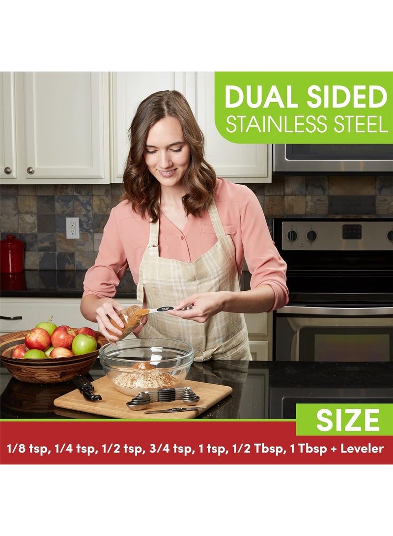 موندا مجموعة ملاعق قياس مغناطيسية مع أداة تسوية، ملاعق قياس صغيرة قابلة للتكديس من الفولاذ المقاوم للصدأ ذات وجهين، ملاعق توابل للمطبخ، برطمانات توابل لقياس المكونات الجافة والسائلة، مناسبة للخبز والطبخ، مجموعة سوداء من 8 قطع. - Image 5