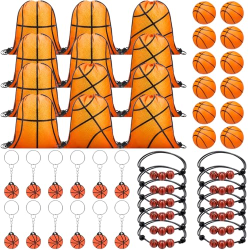 Poen 48 Pcs Basketball Party Favors Include 12 Drawstring Backpack 12 Mini Basketball 12 Keychain 12 Wax Thread Braided Bracelet Inspirational Team Gift - Image 1