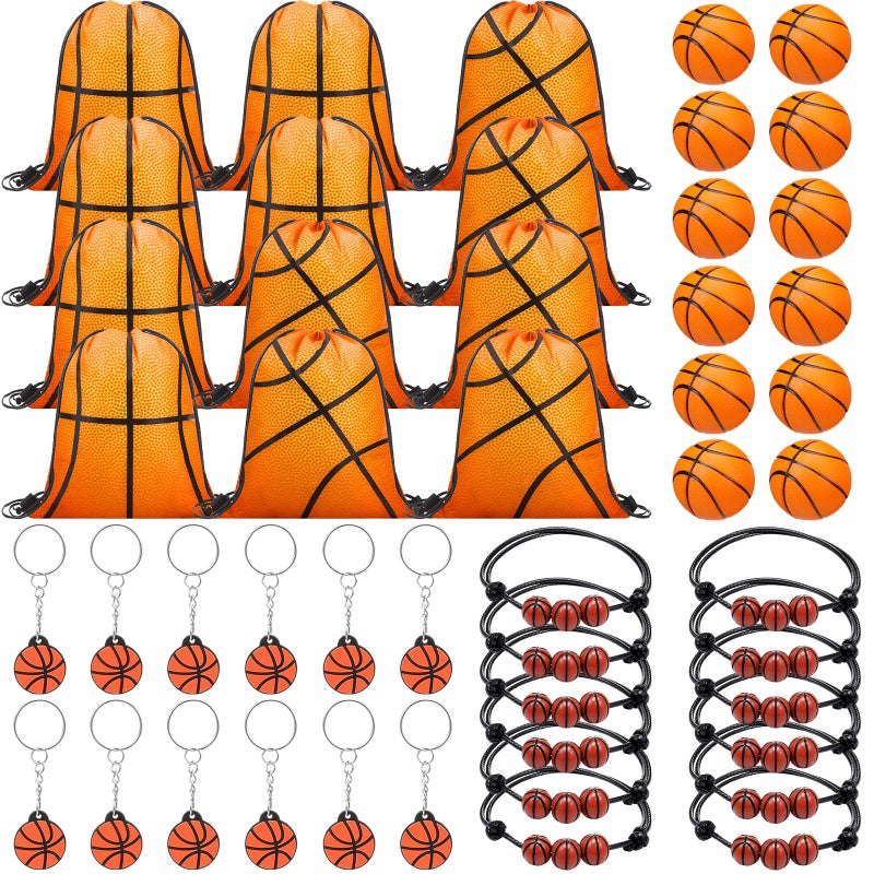 Poen 48 Pcs Basketball Party Favors Include 12 Drawstring Backpack 12 Mini Basketball 12 Keychain 12 Wax Thread Braided Bracelet Inspirational Team Gift - Image 2