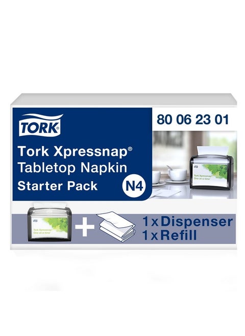 Tork Xpressnap Tabletop Napkin System Starter Pack Black N4, Dispenser and 1 x 500 One-at-a-Time Dispensing Napkins, 80062301