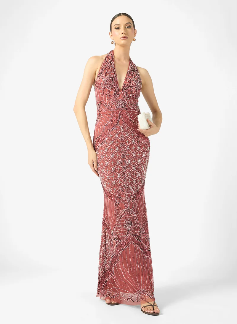 BEAUUT Eliza Embellished V Neck Sequin Maxi Dress