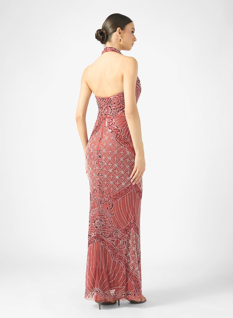 بيوت فستان ماكسي مزين بالترتر بياقة على شكل حرف  من - Image 2