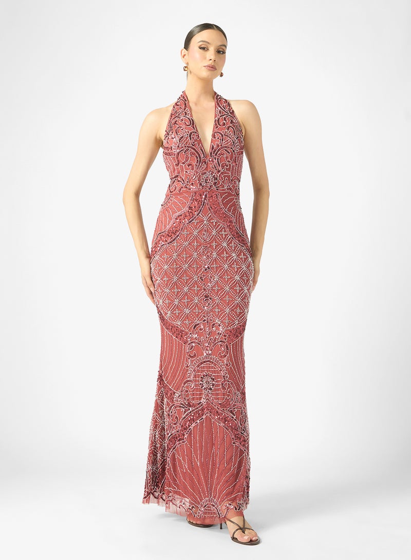 بيوت فستان ماكسي مزين بالترتر بياقة على شكل حرف  من - Image 1