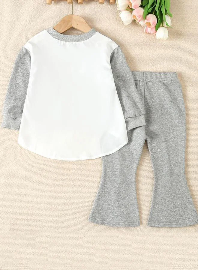 تايك تو Girl's Color Contrast Detail Sweatshirt With Slits Detail Flare Pants Set