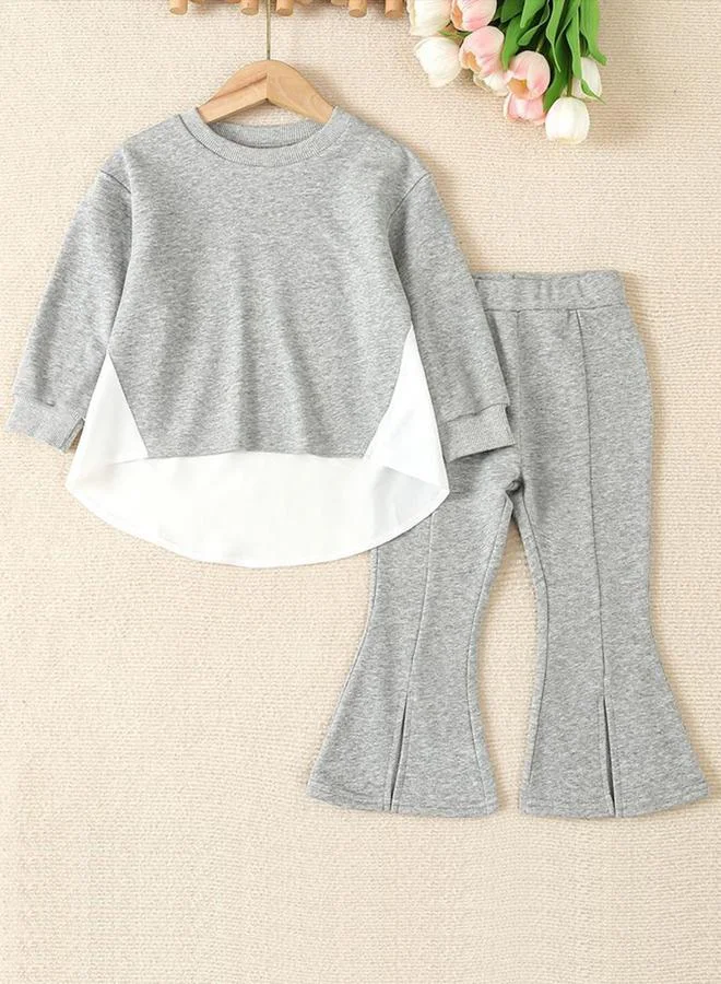 Take Two Girl's Color Contrast Detail Sweatshirt With Slits Detail Flare Pants Set