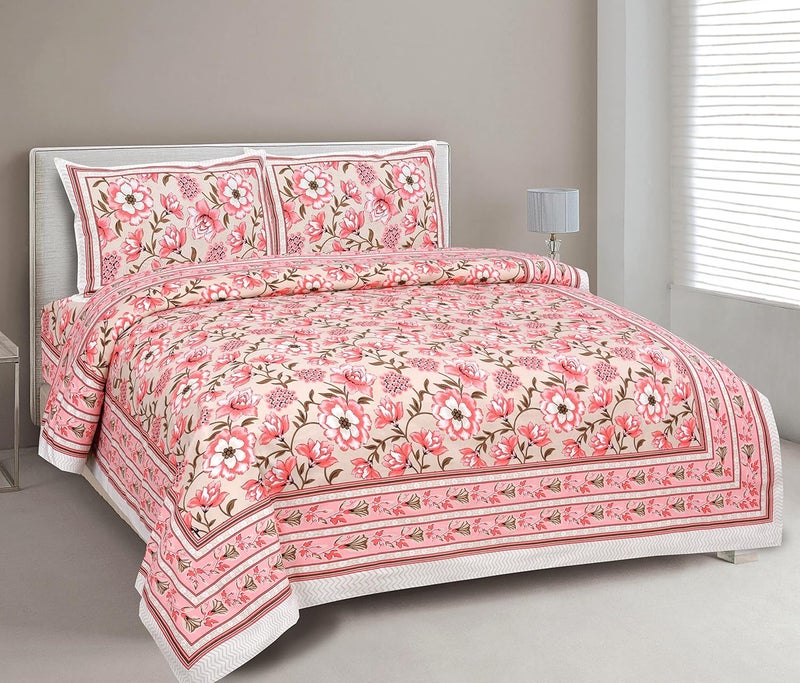 Go Texstylers 100 Cotton Pink 144 TC Floral Print Double Bedsheet with 2 Pillow Covers Pink  - Image 1