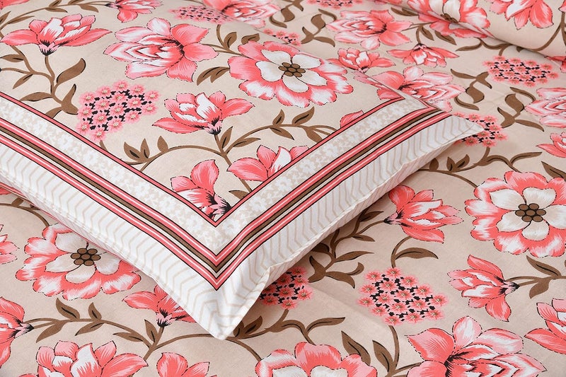 Go Texstylers 100 Cotton Pink 144 TC Floral Print Double Bedsheet with 2 Pillow Covers Pink  - Image 2