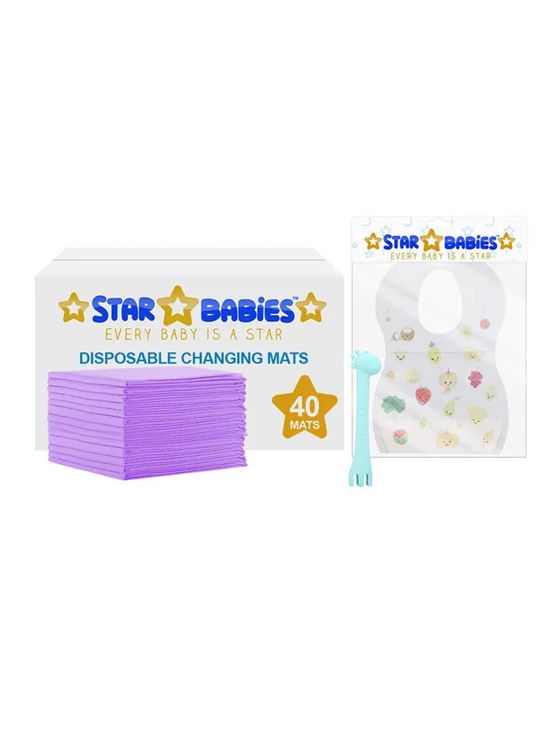 STAR BABiES Combo Disposable Changing Mat 40Pcs Spoon Fork Disposbale Bibs 30Pcs - Image 1