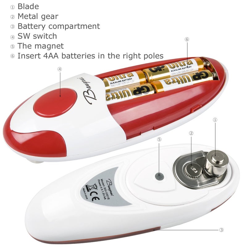 Bangrui Kitchen Automatic Safety Cordless One Tin Touch Electric Can Opener&Bangrui Professional Electric Can Opener.One-touch switch .Smooth can edge.Being friendly to left-hander and arthritics! (Red) - Image 3