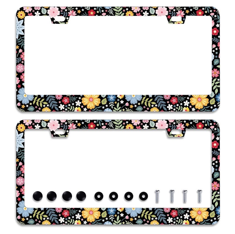 2Pcs Colorful Floral Flowers License Plate Frame Personalise Cute License Plate Frames Car License Plate Accessories Screws Decor for Standard Us Canada License Plate Holder 12x6