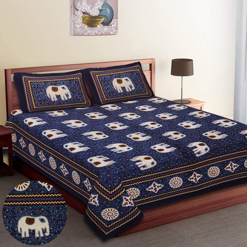 Braise Premium | King Size |100% Pure Cotton | Double Bedsheet with 2 Pillow Covers (Blue, Elephant Design) - Image 5