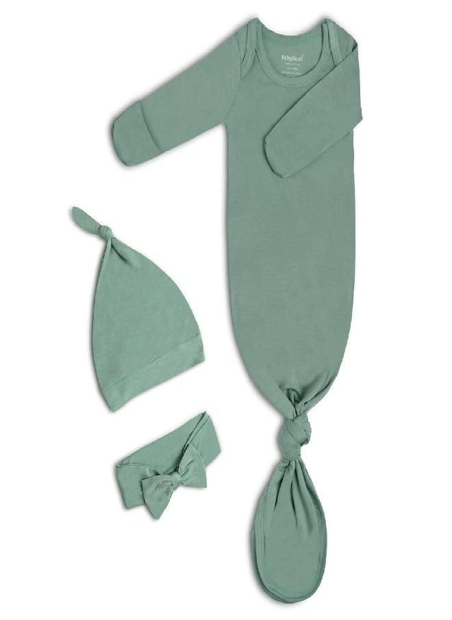 Baby Noah Newborn Baby Knotted Gown, Super Soft Silky Infant Long Sleeve Sleeper with Tie Bottom, Baby Girl and Boy Sleep Gown with Mittens, Bow, and Hat Set Grey Green  - Image 1
