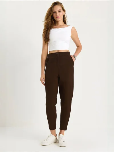 Bianco Lucci LUCCI Long Crepe Carrot Pants with Button Closure