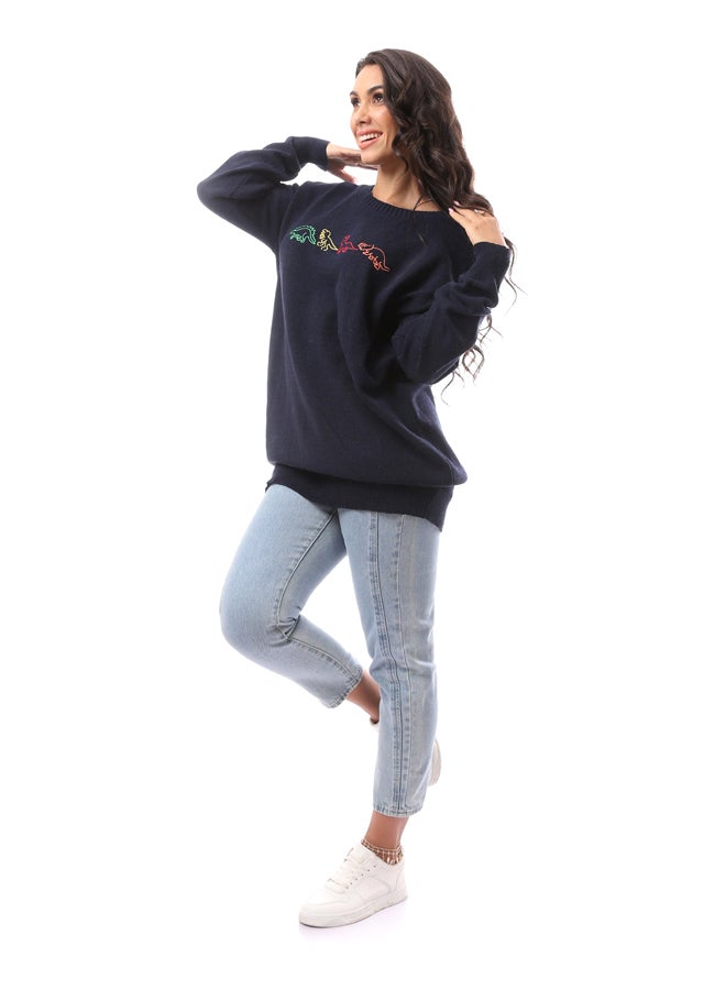 Andora Animals Printed Slip On Navy Blue Polyester Hoodie_Navy Blue