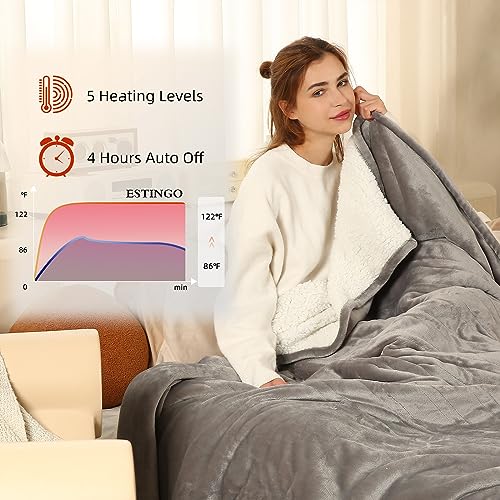ESTINGO Heated Throw Blanket Electric Blanket Throw, Heated Blanket with 5 Heating Levels & 4 Hours Auto Off, Super Cozy Soft Sherpa Heating Blanket with Fast Heating for Bedding, 50"x60", Light Gray - Image 2