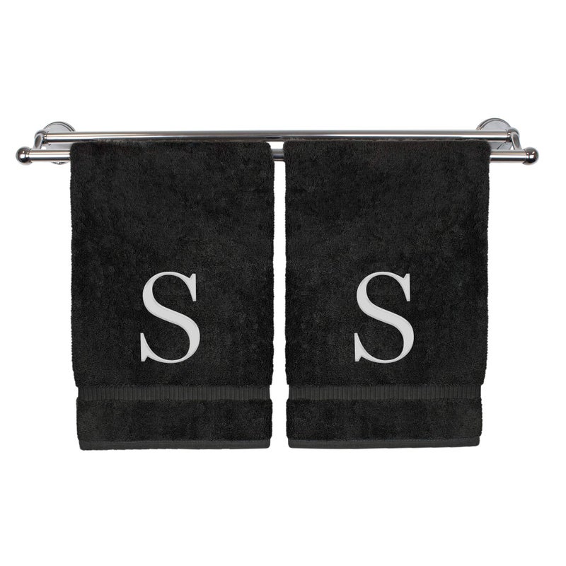 Monogrammed Hand Towel Personalized Gift Set of 2 White Block Letter Embroidered Towel Extra Absorbent 100 Turkish Cotton Soft Terry Finish Initial S Black