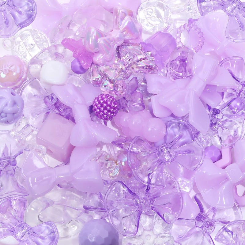 PPhtony 120Pcs Assorted Acrylic Beads Candy Color Plastic Flower Heart Star Butterfly Loose Spacer Beads for Keychain Lanyard Bracelet Necklace Jewelry Making Crafts DIY Purple - Image 3