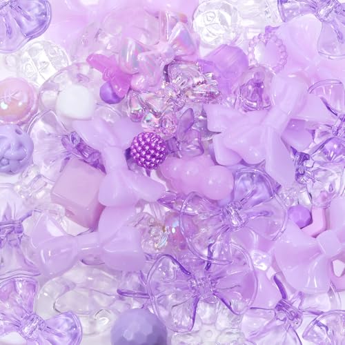 PPhtony 120Pcs Assorted Acrylic Beads Candy Color Plastic Flower Heart Star Butterfly Loose Spacer Beads for Keychain Lanyard Bracelet Necklace Jewelry Making Crafts DIY Purple - Image 1