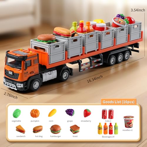 GLW Food Transport Truck Toy for Age 38 Kids Alloy Vehicles Head 140 Goods Trailer with Cargo Box and Food Model Lights Sounds Large Transport Truck Orange - Image 5
