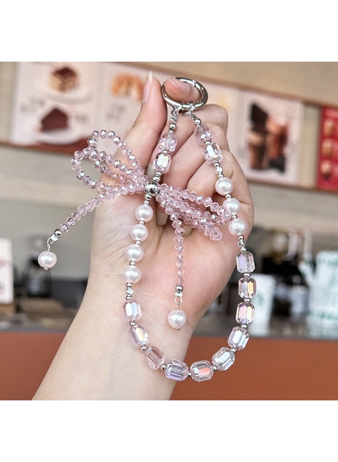 NIBEMINENT Beaded Phone Lanyard, Anti Lost Removable Wrist Strap, Crystal Bow Bracelet Pendant, Phone Keychain Lanyard,Pink