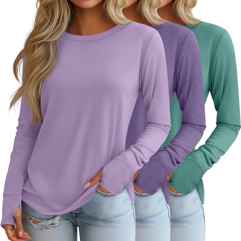 Huukeay 3 Pack Women's Long Sleeve Shirts with Thumb Holes, Cotton Casual Crew Neck Tunic Tops Fall Loose Y2k Trendy Outfits(Turquoise, Taro Purple, Light Purple,XX-Large) - Image 1