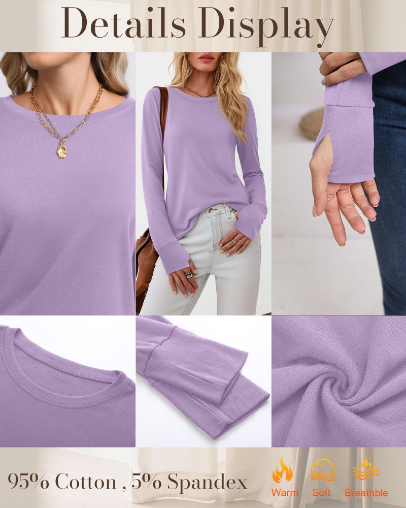 Huukeay 3 Pack Women's Long Sleeve Shirts with Thumb Holes, Cotton Casual Crew Neck Tunic Tops Fall Loose Y2k Trendy Outfits(Turquoise, Taro Purple, Light Purple,XX-Large) - Image 5