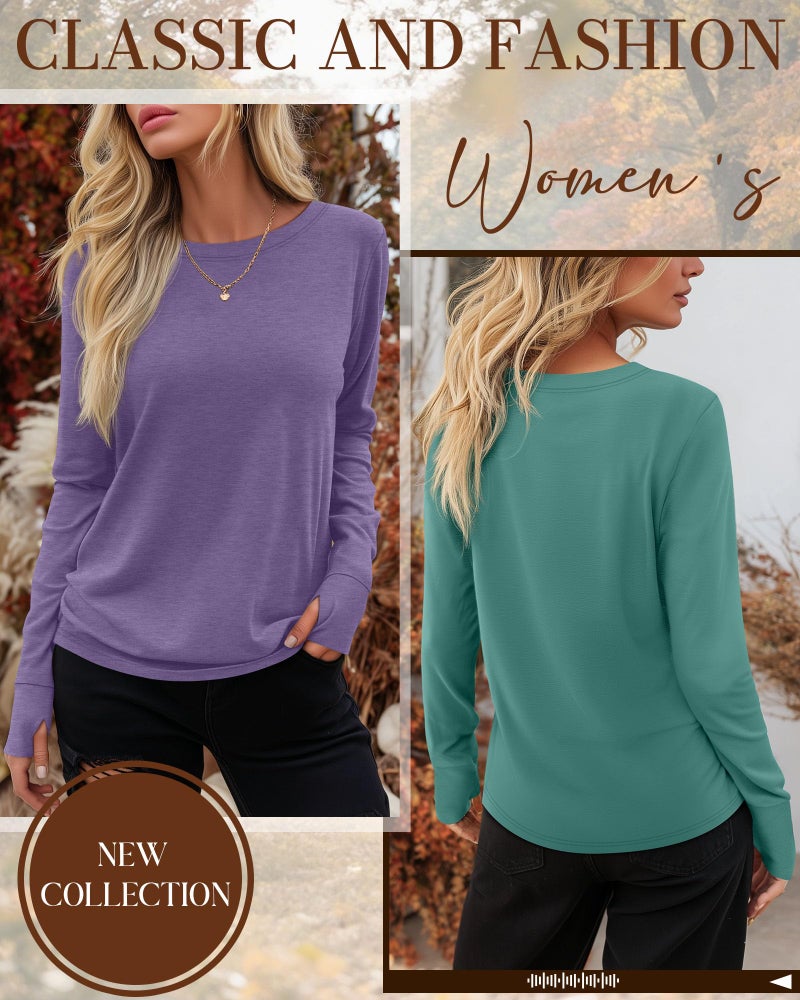 Huukeay 3 Pack Women's Long Sleeve Shirts with Thumb Holes, Cotton Casual Crew Neck Tunic Tops Fall Loose Y2k Trendy Outfits(Turquoise, Taro Purple, Light Purple,XX-Large) - Image 2