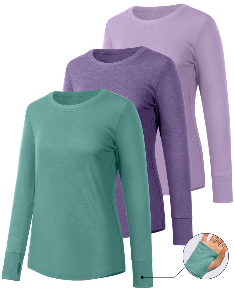 Huukeay 3 Pack Women's Long Sleeve Shirts with Thumb Holes, Cotton Casual Crew Neck Tunic Tops Fall Loose Y2k Trendy Outfits(Turquoise, Taro Purple, Light Purple,XX-Large) - Image 3
