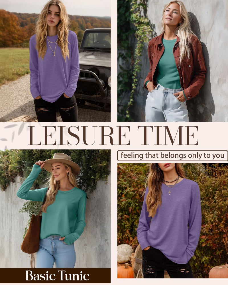 Huukeay 3 Pack Women's Long Sleeve Shirts with Thumb Holes, Cotton Casual Crew Neck Tunic Tops Fall Loose Y2k Trendy Outfits(Turquoise, Taro Purple, Light Purple,XX-Large) - Image 4