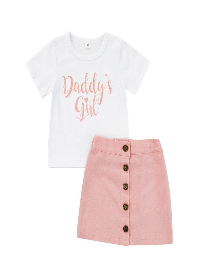 BOIZONTY Toddler Baby Girls Summer Outfits Shorts Sleeve Daddy's Girl Printed T-Shirt Tops+ Button Pink Pencil Skirts Clothes (Pink Denim,5-6T) - Image 1