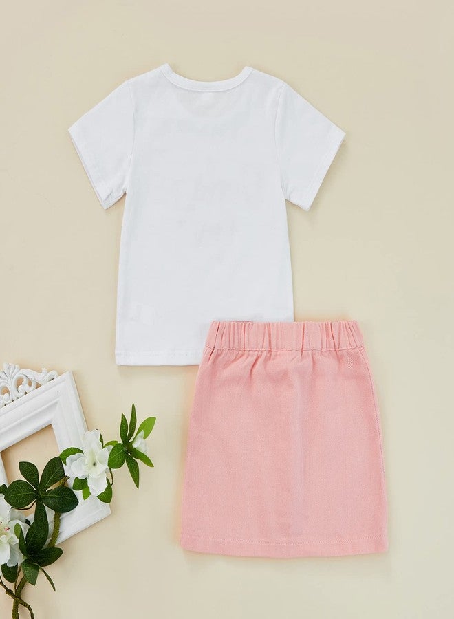BOIZONTY Toddler Baby Girls Summer Outfits Shorts Sleeve Daddy's Girl Printed T-Shirt Tops+ Button Pink Pencil Skirts Clothes (Pink Denim,5-6T) - Image 4