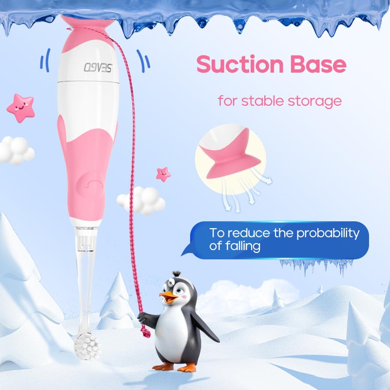 SEAGO Toddler Electric Toothbrushes for Baby Ages 0-3 Years, Baby Toothbrush with Smart Timer and Suction Base, 4 Replacement Brush Heads SG-513(Pink-C) - Image 2