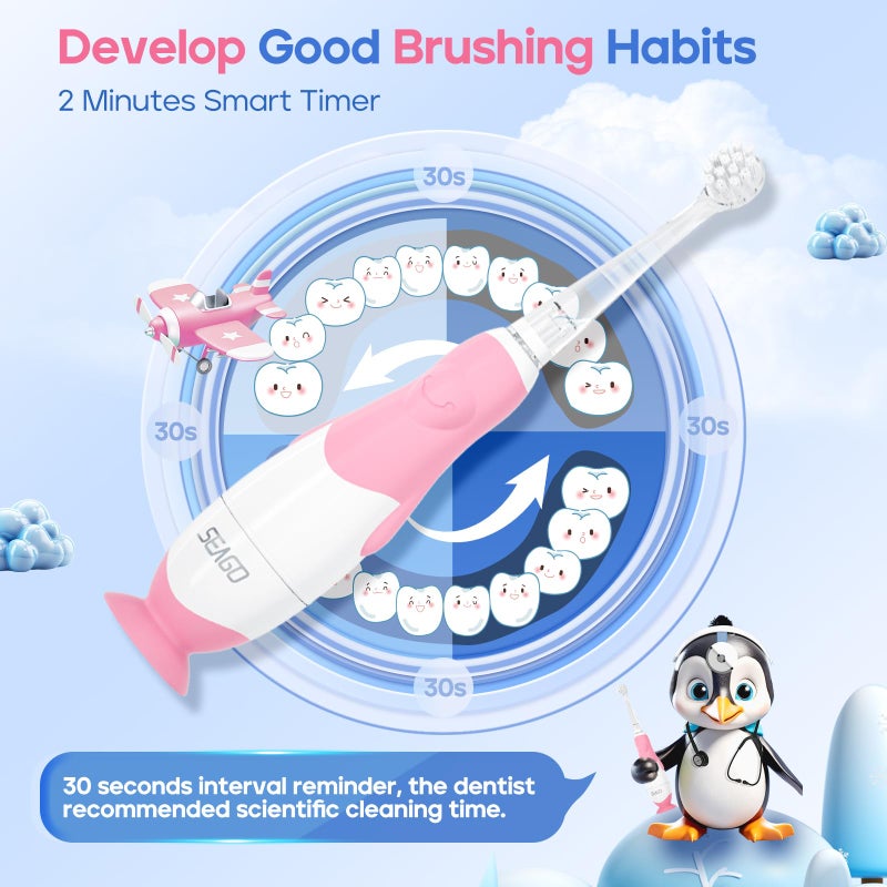 SEAGO Toddler Electric Toothbrushes for Baby Ages 0-3 Years, Baby Toothbrush with Smart Timer and Suction Base, 4 Replacement Brush Heads SG-513(Pink-C) - Image 5