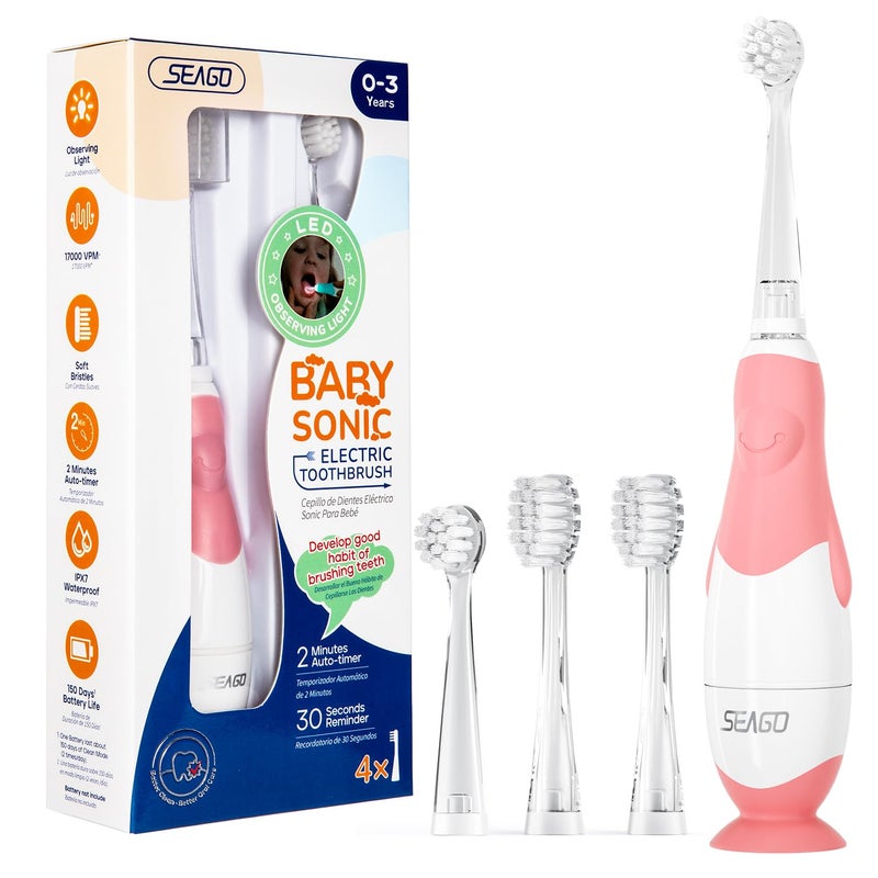 SEAGO Toddler Electric Toothbrushes for Baby Ages 0-3 Years, Baby Toothbrush with Smart Timer and Suction Base, 4 Replacement Brush Heads SG-513(Pink-C) - Image 1
