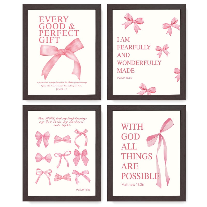 LARTSFRO Coquette Pink Bow Wall Art Decor Posters, Pink Bow Room Bedroom Bathroom Dorm Wall Art Decor Aesthetic for College Teen Girls Gifts, Inspirational Bible Verses Bow Wall Decor, 10x8 Inch Set of 4 Pcs Bow Pictures (DARK FRAMED) - Image 1