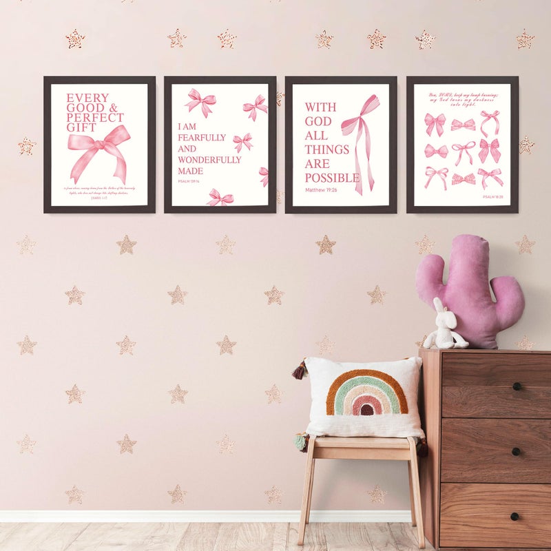 LARTSFRO Coquette Pink Bow Wall Art Decor Posters, Pink Bow Room Bedroom Bathroom Dorm Wall Art Decor Aesthetic for College Teen Girls Gifts, Inspirational Bible Verses Bow Wall Decor, 10x8 Inch Set of 4 Pcs Bow Pictures (DARK FRAMED) - Image 3