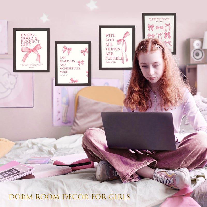 LARTSFRO Coquette Pink Bow Wall Art Decor Posters, Pink Bow Room Bedroom Bathroom Dorm Wall Art Decor Aesthetic for College Teen Girls Gifts, Inspirational Bible Verses Bow Wall Decor, 10x8 Inch Set of 4 Pcs Bow Pictures (DARK FRAMED) - Image 4