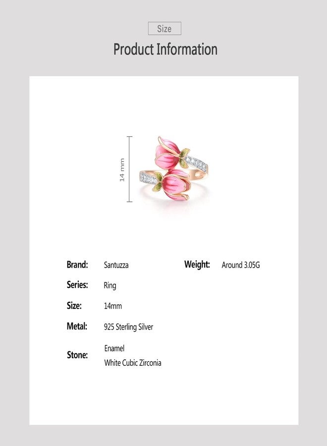 Santuzza 925 Sterling Silver Pink Enamel Tulip Ring White Cubic Zirconia Rose Plated Flower Open Ring for Women (9) - Image 4