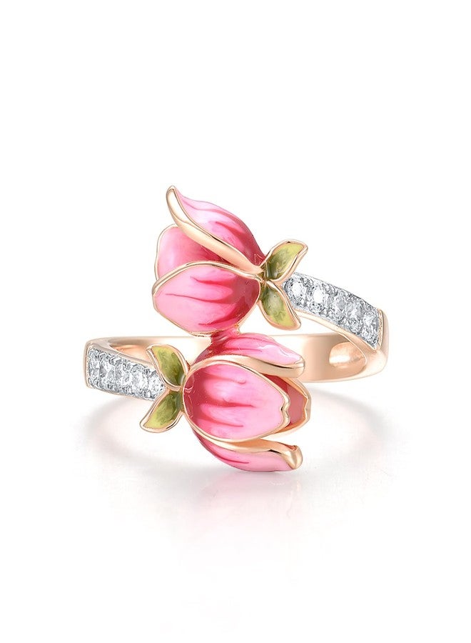Santuzza 925 Sterling Silver Pink Enamel Tulip Ring White Cubic Zirconia Rose Plated Flower Open Ring for Women (9) - Image 2